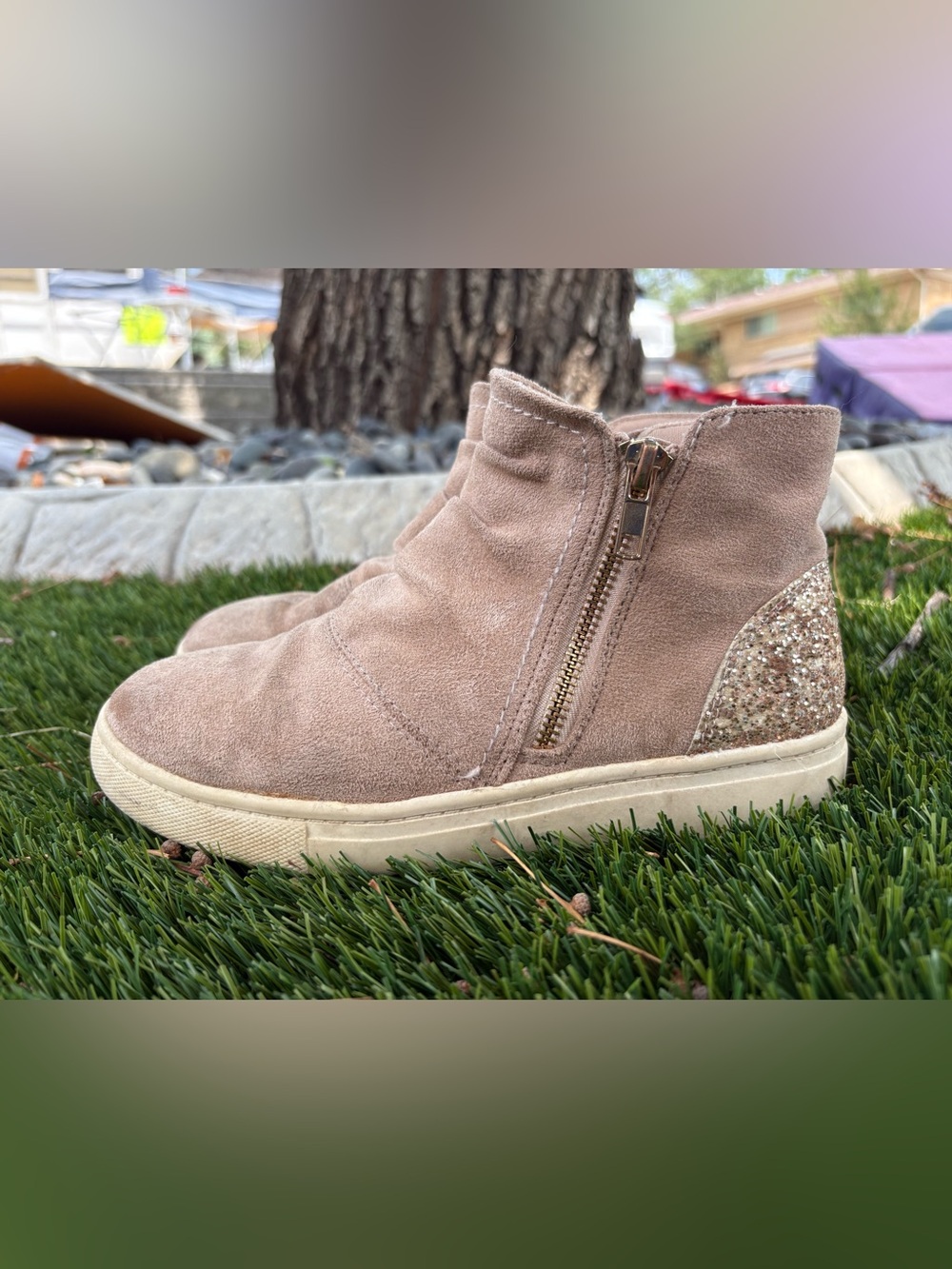 Girls' Taupe Suede Zip Ankle Boots with Glitter Heel Accent